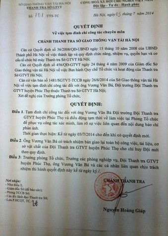 Quyết định tạm đình chỉ và điều chuyển công tác về &quot;Phòng Tổ chức&quot; đối với ông Vương Văn Bá.