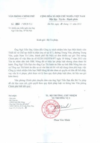Văn phòng Chính phủ có văn bản gửi Bộ Tư pháp, Bộ Công an, UBND tỉnh Đắk Nông chỉ đạo Bộ Tư pháp xem xét, giải quyết.