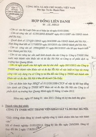 Hợp đồng liên danh có dấu hiệu thiếu minh bạch giữa Công ty Khảo sát - Đo đạc Hà Nội và Công ty Quang Minh. (Ảnh: Hải Ninh)