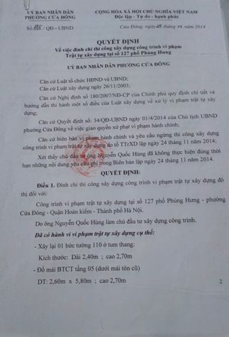 Quyết định đình chỉ thi công &quot;trên giấy&quot; của UBND phường Cửa Đông. (Ảnh: Hải Ninh)