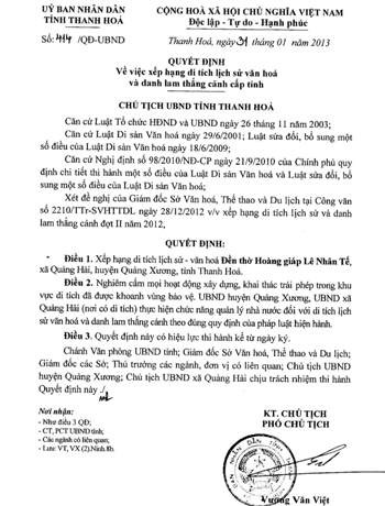 Quyết định công nhận di tích đền Lê Nhân Tế của UBND tỉnh Thanh Hóa.