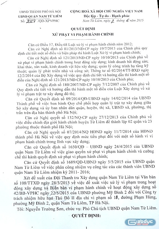 Đến ngày 02/6/2015, UBND quận Nam Từ Liêm ban hành Quyết định xử phạt vi phạm hành chính số 2028/QĐ-XPVPHC Công ty Thủ đô 2 với số tiền 50 triệu đồng.