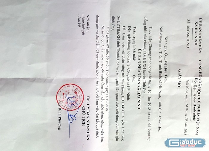 UBND xã Hải Ninh gửi giấy mời ông Tròn đến làm việc với Sở Lao động-Thương binh và Xã hội tỉnh.
