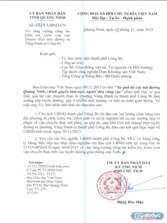 Công văn của UBND tỉnh Quảng Nỉnh chỉ đạo TP. Uông Bí, các Sở, ban, ngành và doanh nghiệp về việc chấm dứt tình trạng xe vua và than lậu.
