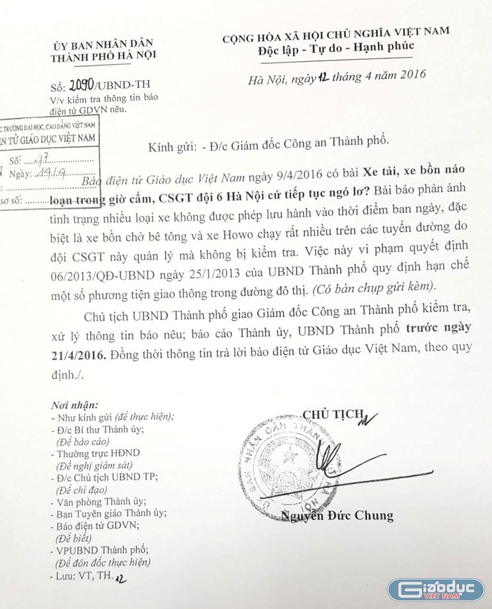 Công văn chỉ đạo của ông Nguyễn Đức Chung, Chủ tịch UBND TP. Hà Nội.