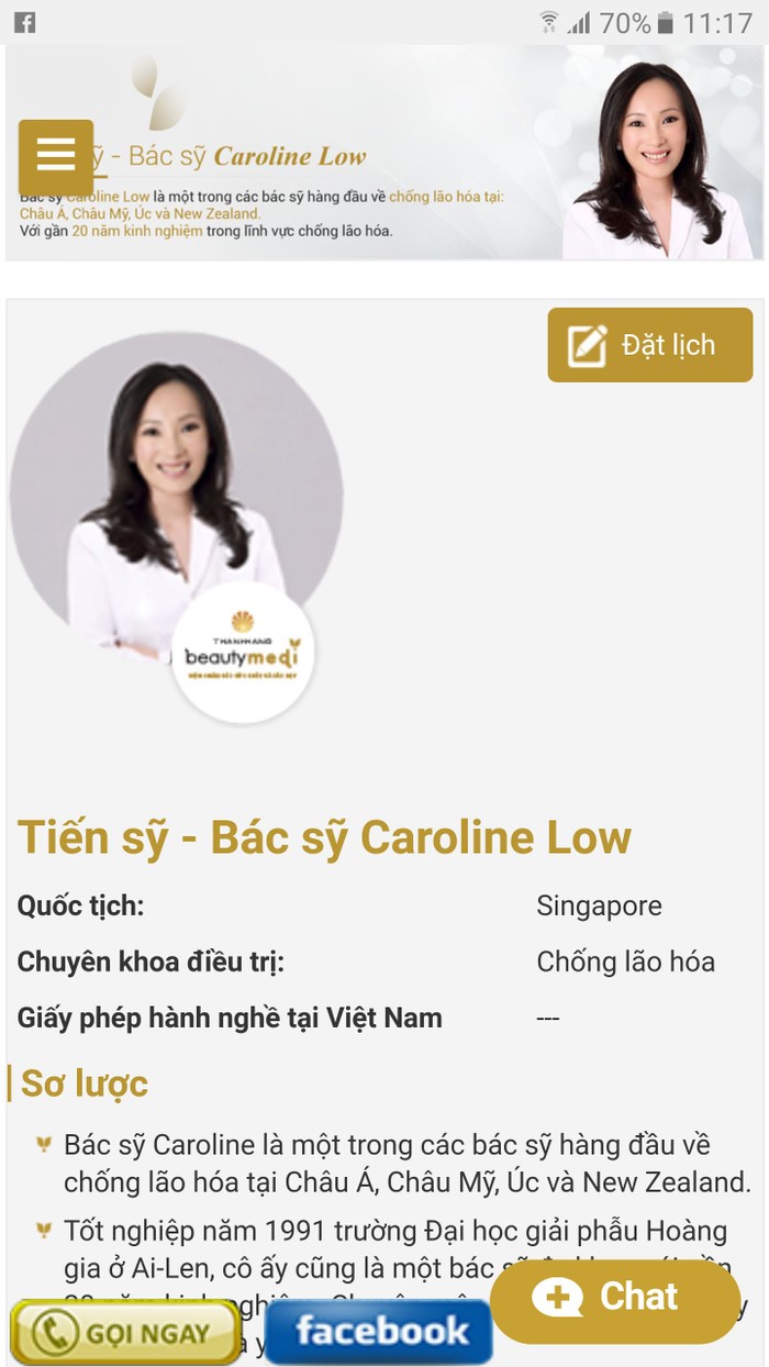 Mặc dù chưa có giấy phép hành nghề tại Việt Nam nhưng Thanh Hằng Beauty Medi vẫn cho bác sĩ ngoại quốc khám chữa bệnh tại Trung tâm.( Ảnh chụp màn hình trước khi Thanh Hằng gỡ bỏ)