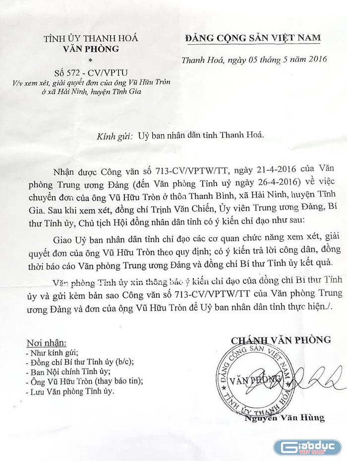 Công văn của Tỉnh ủy Thanh Hóa chuyển ý kiến chỉ đạo của ông Trịnh Văn Chiến, Ủy viên Trung ương Đảng, Bí thư Tỉnh ủy phải xem xét, giải quyết đơn thư của gia đình liệt sĩ.