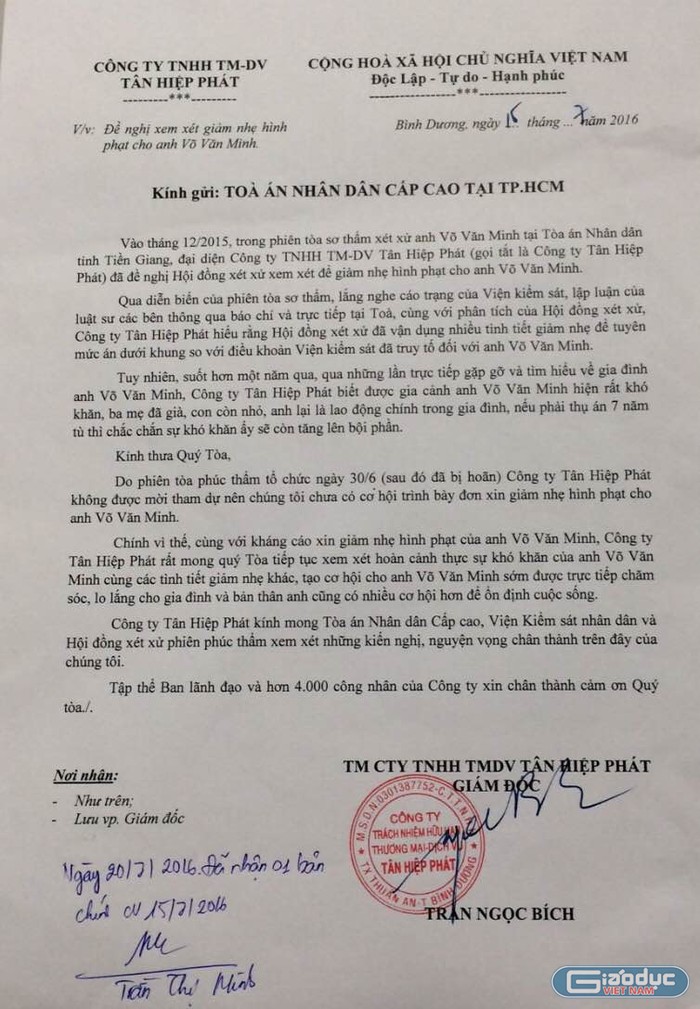 Đơn của Tân Hiệp Phát gửi Tòa án Cấp cao TP. Hồ Chí Minh xin giảm nhẹ hình phạt cho bị cáo Võ Văn Minh.