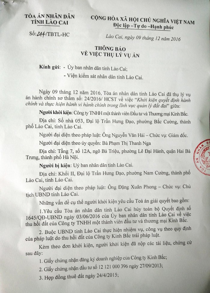 Chủ tịch UBND tỉnh và Ủy ban nhân dân tỉnh Lào Cai bị doanh nghiệp khởi kiện.