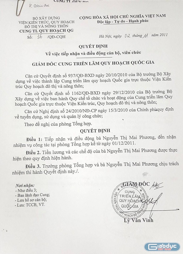 Quyết định tiếp nhận bà Nguyễn Thị Mai Phương của Cung Triển lãm Quy hoạch Quốc gia.