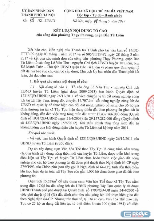 ngày 08/5/2017, Ủy ban nhân dân thành phố Hà Nội ban hành Kết luận số 39/KL-UBND trong đó có nêu rõ nhiều sai phạm của ông Lê Văn Thư.