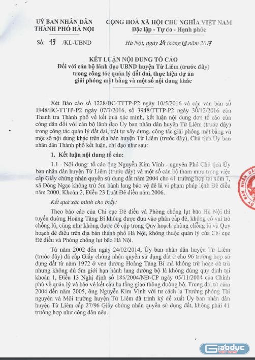 Ngày 24/2/2017, Ủy ban nhân dân thành phố Hà Nội đã ban hành Kết luận số 19/KL-UBND cũng nêu nhiều sai phạm của ông Lê Văn Thư.