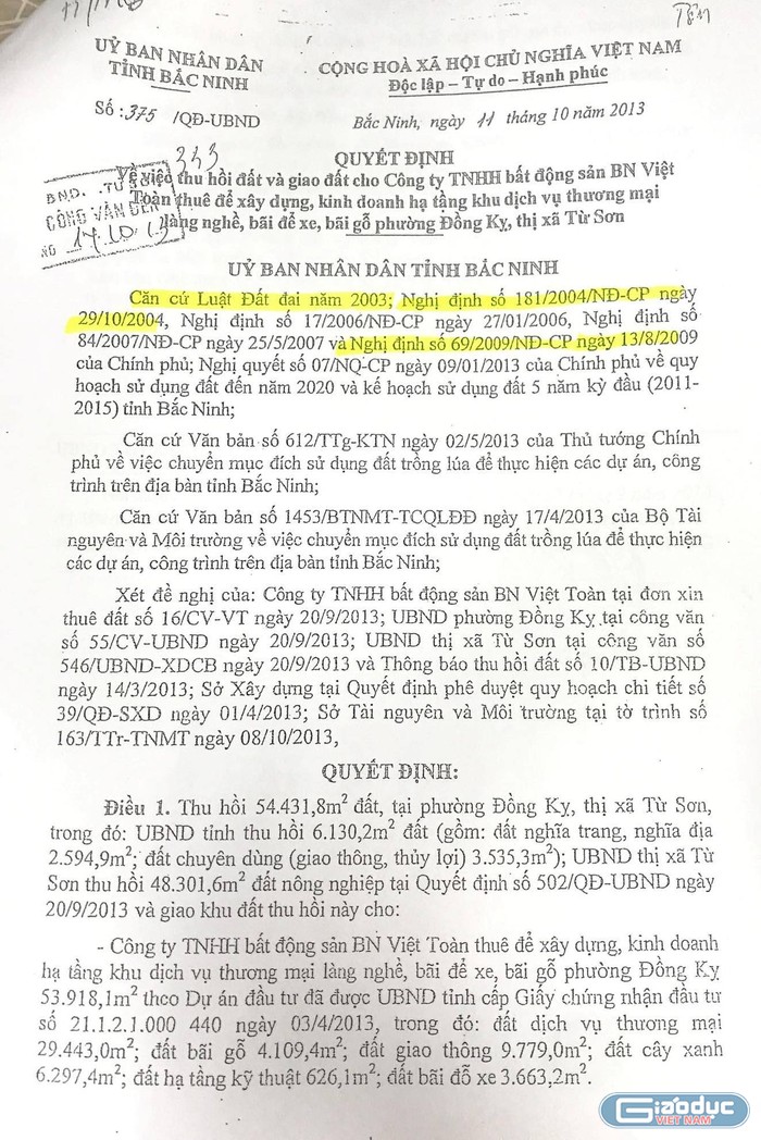 ỦY ban nhân dân thị xã lại ban hành quyết định thu hồi đất trước khi có quyết định của Ủy ban nhân dân tỉnh là trái với quy định tại khoản 6, Điều 130, Nghị định 181.