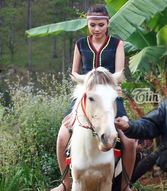 Diễm Hương làm sơn nữ. Hoa hậu thế giới người Việt 2010 trong một chuyến đi chơi đã "nén sợ hãi" thử chinh phục một chú ngựa bạch, và cô đã có những giây phút vô cùng sảng khoái khi làm một "sơn nữ". (Nguồn: Tiin.vn)