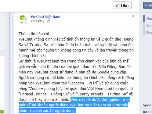 Thông điệp lần 1 của Facebook Wechat tiếng Việt lờ chuyện "đường lưỡi bò".