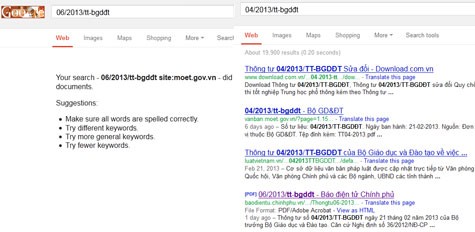 Tìm kiếm trên chính trang www.moet.gov.vn, không thấy Thông tư 06/2013/TT-BGDĐT, vẫn chỉ thấy Thông tư 04/2013/TT-BGDĐT có nội dung vi phạm Luật Tố cáo.