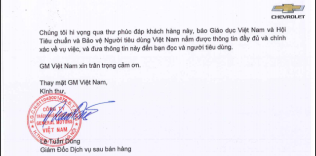 Thư phúc đáp của GM Việt Nam do ông Lê Tuấn Dũng, Giám đốc Dịch vụ sau bán hàng ký.