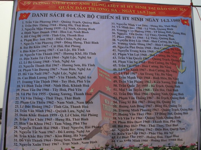 Danh sách 64 cán bộ, chiến sỹ hy sinh ngày 14/3/1988.