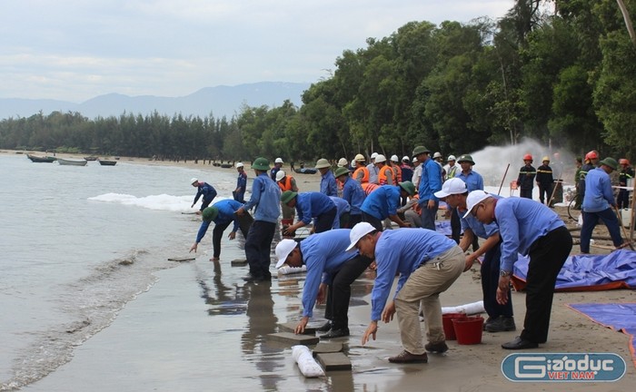 Tổ chức thu gom dầu tràn vào bờ biển. Ảnh: Hoàng Tuấn