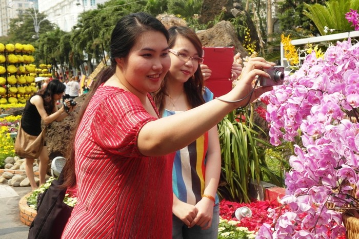 Hai cô gái thích thú chụp ảnh hoa lan tím.