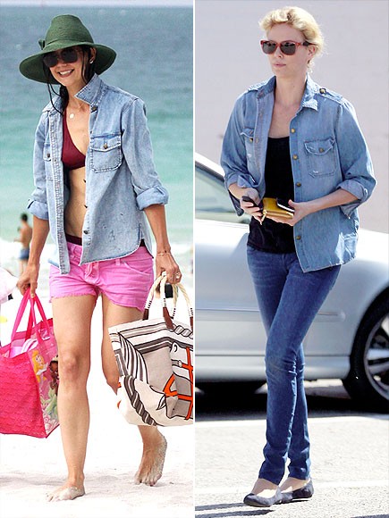 Katie và Charlize Theron cùng chọn cho mình chiếc áo khoác jean nhưng sự kết hợp cùng quần short khiến Katie trông năng động hơn.