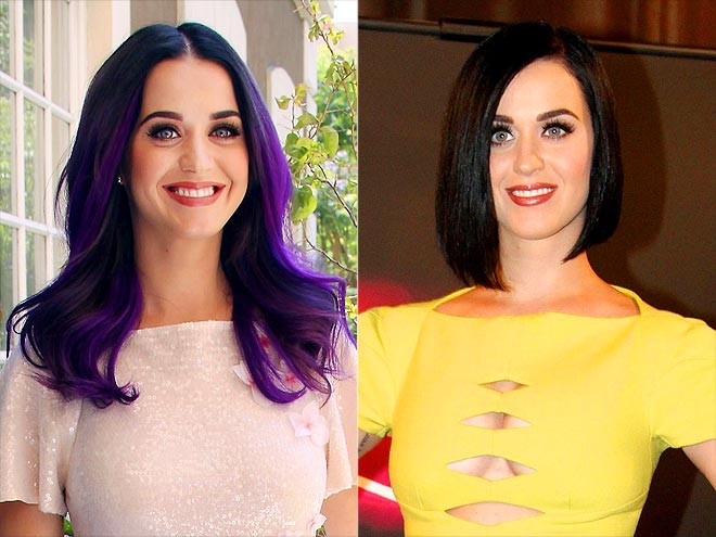 Katy Perry độc đáo mà vẫn đầy nữ tính với tóc nhuộm tím uốn phồng và cá tính với tóc ngắn đen.