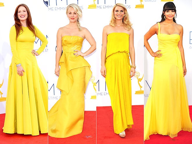 1. Những chiếc đầm màu vàng sáng Các sao nữ ưa thích màu sắc tươi sáng và nổi bật này như: Julianne Moore, Kaley Cuoco, Claire Danes và Hannah Simone .
