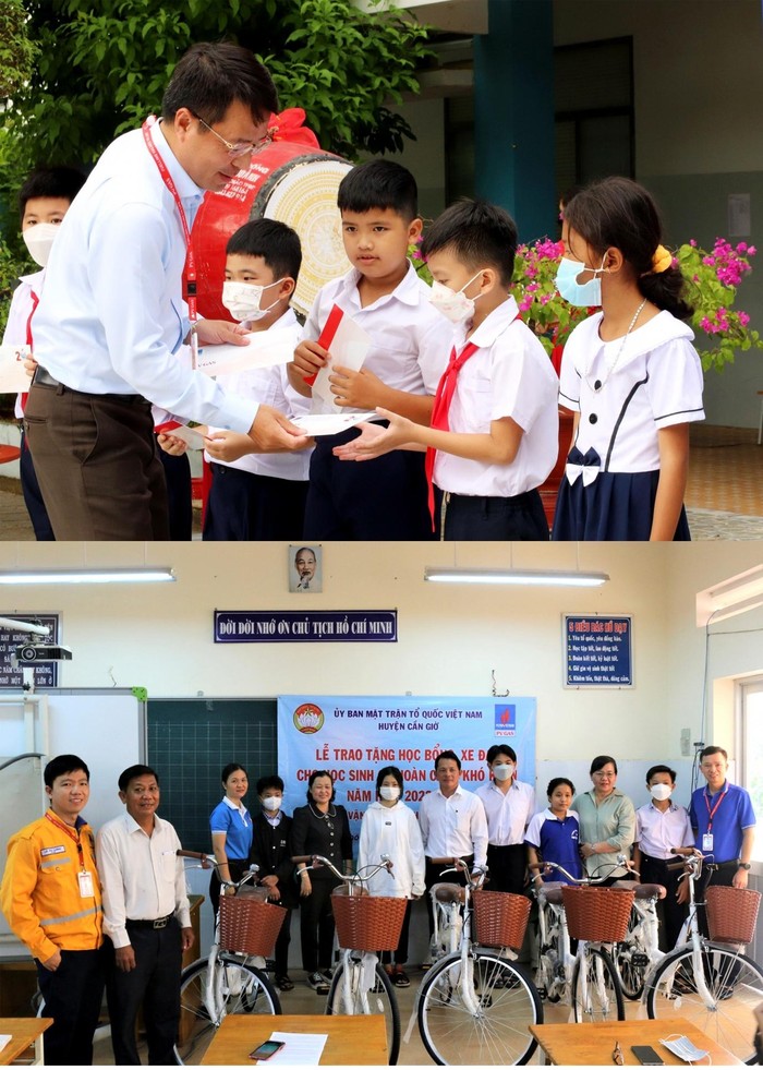 Lãnh đạo Công ty Vận chuyển khí Đông Nam trao tặng học bổng và xe đạp cho các em học sinh vượt khó học giỏi ở Cần Giờ. Ảnh: PVN