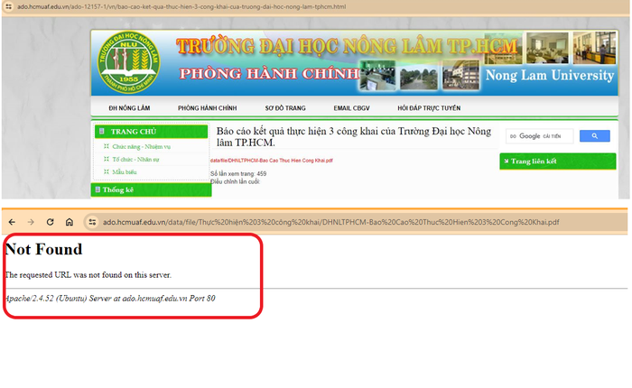 Thông tin về báo cáo 3 công khai của Trường Đại học Nông Lâm Thành phố Hồ Chí Minh không truy cập được. Ảnh chụp màn hình được Tạp chí sử dụng trong bài viết đăng tải ngày 4/12/2023