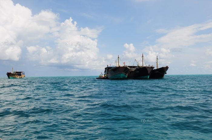 Táu cá Trung Quốc đánh bắt trong đầm phá bãi Scarborough dưới sự bảo vệ của tàu Ngư chính 310, Hải giám 75 và Hải giám 81
