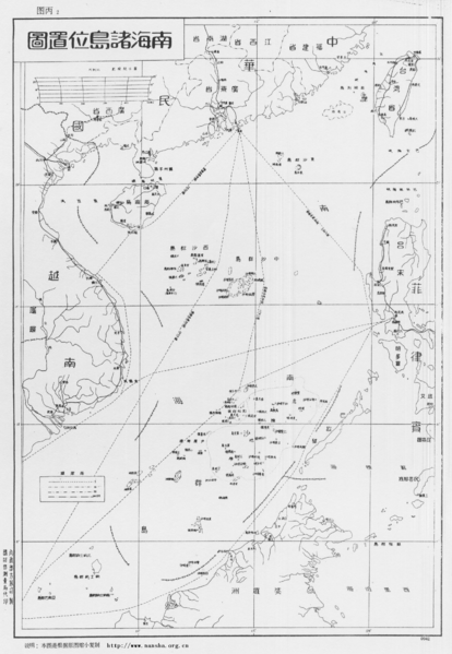 Bản đồ vẽ 9 nét đứt, còn gọi là đường "lưỡi bò" do chính quyền tỉnh Quảng Đông, Trung Quốc chế ra năm 1947, sau này chính phủ Trung Quốc vin vào làm cớ và ra sức hợp pháp hóa nó (phi pháp, phi lý)