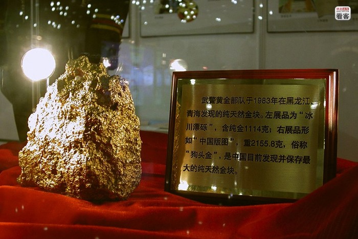 Một cục vàng hình đầu chó được lực lượng đặc biệt của quân đội Trung Quốc tìm thấy năm 1983 tại Hắc Long Giang nặng 2.155,8 g