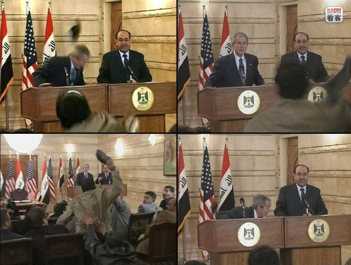 Hình ảnh nổi tiếng trên các báo, Tổng thống Mỹ George Bush né cú ném giày ngay trong buổi họp báo tại Iraq ngày 18/12/2008