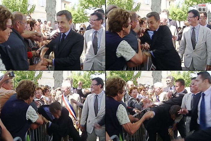 Ngày 30/6/2011 Tổng thống Pháp Nicolas Sarkozy tiếp xúc cử tri tại thành phố Brax đã bị một người quá khích túm cổ và đấm cho ngã nhào