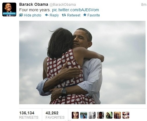 Obama gửi tin thông báo chiến thắng và cảm ơn cử tri trên mạng xã hội twitter