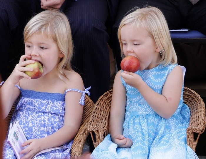 Hai tiểu Công chúa Hà Lan Alexia và Ariane đang ngồi ăn táo tại thị trấn Tiel ngày 11/9/2010