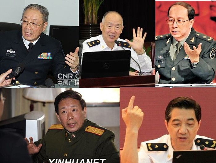 Dàn "hỏa lực mồm" Trung Quốc, từ trái qua phải, trên xuống dưới: Doãn Trác, Dương Nghị, Kim Nhất Nam, La Viện, Trương Triệu Trung, tất cả đều mang lon Thiếu tướng/Chuẩn đô đốc hải quân