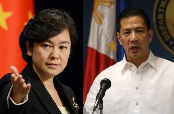 Người phát ngôn Bộ Ngoại giao Trung Quốc Hoa Xuân Oánh (trái) và đồng nhiệm Philippines Raul Hernandez.