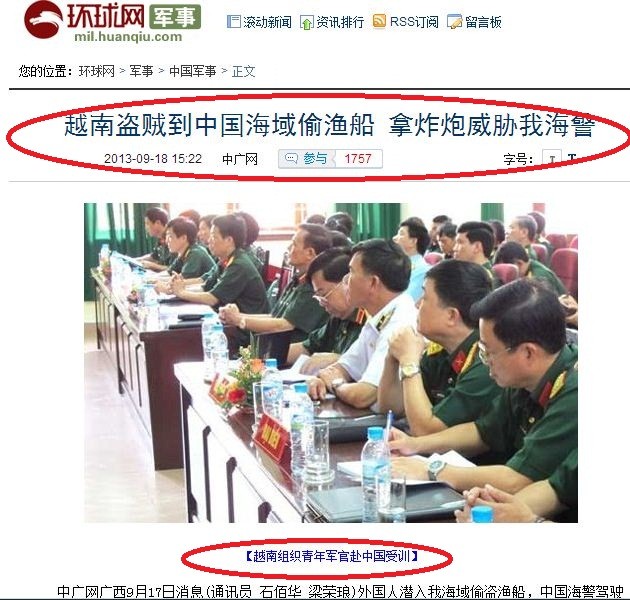 Đặc biệt, bài báo bịa đặt của Thời báo Hoàn Cầu lại sử dụng hình ảnh các sĩ quan Quân đội Việt Nam chuẩn bị sang Trung Quốc tập huấn để "minh họa" cho câu chuyện bịa đặt. Điều này đặt ra dấu hỏi cho động cơ chính trị của tờ báo nổi tiếng "diều hâu" của giới truyền thông nhà nước Bắc Kinh trong câu chuyện bịa đặt này để nhằm bôi xấu hình ảnh Việt Nam. Ảnh chụp màn hình từ website Thời báo Hoàn Cầu.