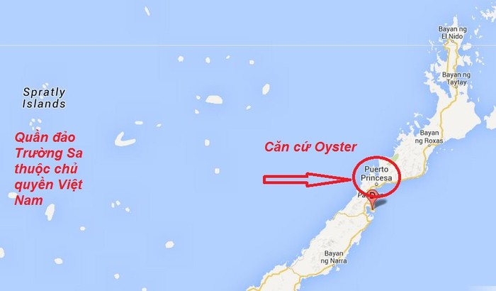 Quần đảo Trường Sa thuộc chủ quyền Việt Nam và vị trí Philippines, Mỹ xây quân cảng Oyster nhìn từ Google Maps.