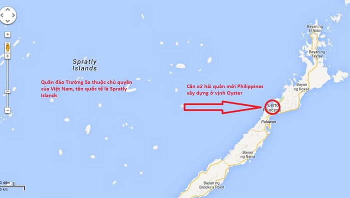 Vị trí Philippines xây dựng quân cảng ở vịnh Oyster cách quần đảo Trường Sa thuộc chủ quyền Việt Nam khoảng 160 km về phía Đông, ảnh chụp từ Google Maps.