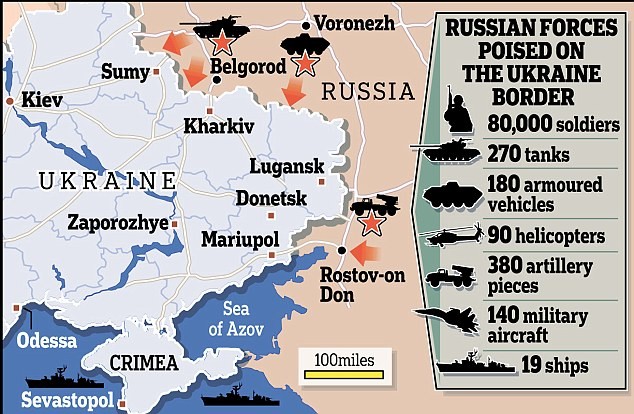 Lực lượng quân sự Nga áp sát biên giới Ukraine theo tờ Daily Mail của Anh.