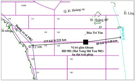 Vị trí giàn khoan HD 981 Trung Quốc đang tìm các cắm chân trái phép trong vùng đặc quyền kinh tế, thềm lục địa của Việt Nam.