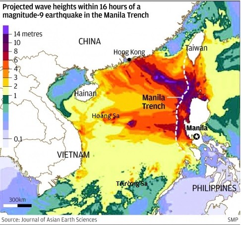 Nguy cơ sóng thần ở Biển Đông từ rãnh Manila được các nhà khoa học Trung Quốc, Philippines và Đài Loan đánh giá là rất nghiêm trọng. Ảnh: Bưu điện Hoa Nam.