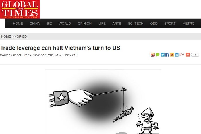 Ảnh chụp màn hình bài báo tuyên truyền xuyên tạc, kích động chia rẽ nội bộ Việt Nam trên Thời báo Hoàn Cầu.