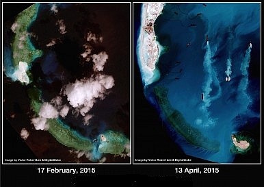 Hình ảnh chụp từ vệ tinh đá Vành Khăn, quần đảo Trường Sa thuộc chủ quyền Việt Nam 2 thời điểm, ngày 17/2/2015 và 13/4/2015.