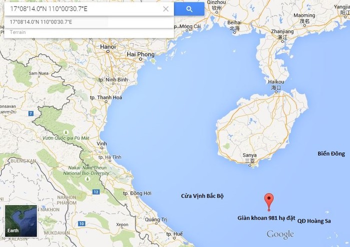 Đánh dấu trên bản đồ của Google vị trí giàn khoan 981 Trung Quốc hạ đặt năm nay theo tọa độ Cục Hải sự nước này công bố 17°08′14″.0N/110°00′30″.7E. Tiến sĩ Trần Công Trục khẳng định vị trí này nằm ở cửa vịnh Bắc Bộ mở rộng chưa phân định ranh giới giữa ta và Trung Quốc. Đó là một cái bẫy pháp lý nguy hiểm Trung Quốc đang giăng ra với Việt Nam.