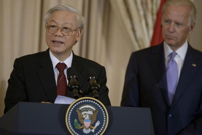 Tổng bí thư Nguyễn Phú Trọng phát biểu trong buổi tiệc chiêu đãi do Phó Tổng thống Hoa Kỳ Joe Biden chủ trì.
