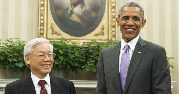 Hoạt động đối ngoại của lãnh đạo Đảng, Nhà nước Việt Nam trở thành tâm điểm chú ý của dư luận. Tổng bí thư Nguyễn Phú Trọng và Tổng thống Mỹ Barack Obama tại Nhà Trắng. Ảnh: USA Today.