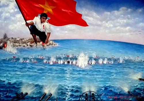 Bức tranh &quot;Vòng tròn bất tử Gạc Ma&quot; của họa sĩ Bùi Lệ Trang nhắc nhở chúng ta về chủ quyền và những hy sinh đầy bi tráng của cha anh.